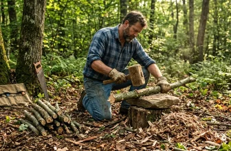 Homme coupant du bois à la hache en forêt