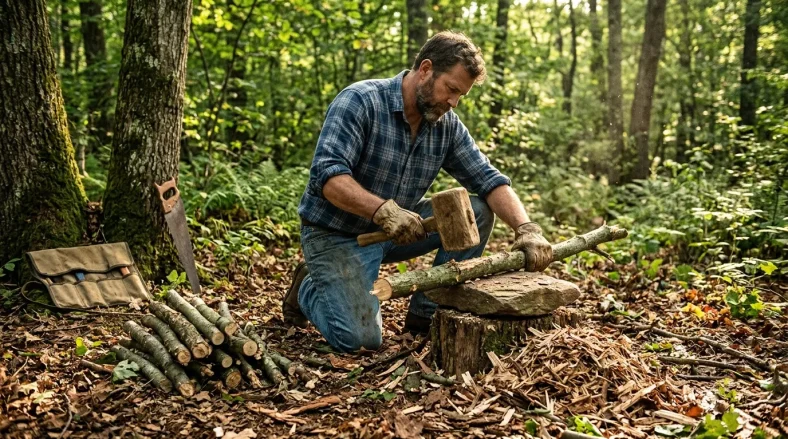 Homme coupant du bois à la hache en forêt