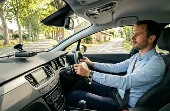 Homme conduisant une voiture sur une route arborée