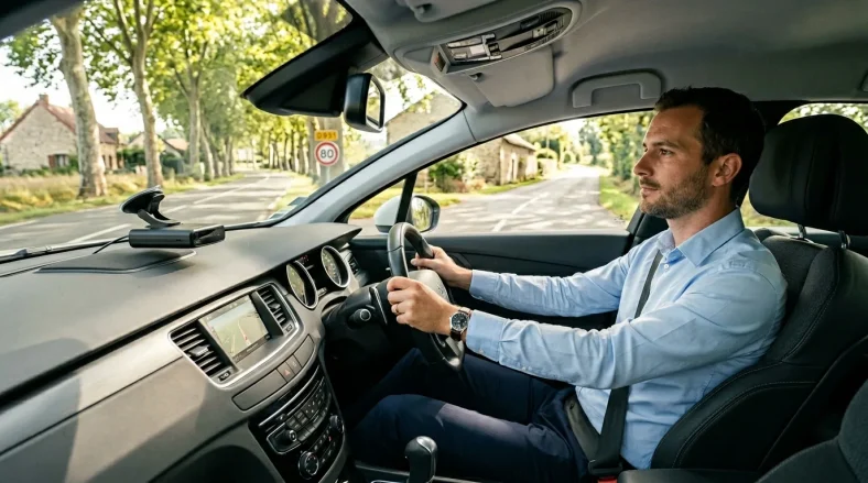 Homme conduisant une voiture sur une route arborée